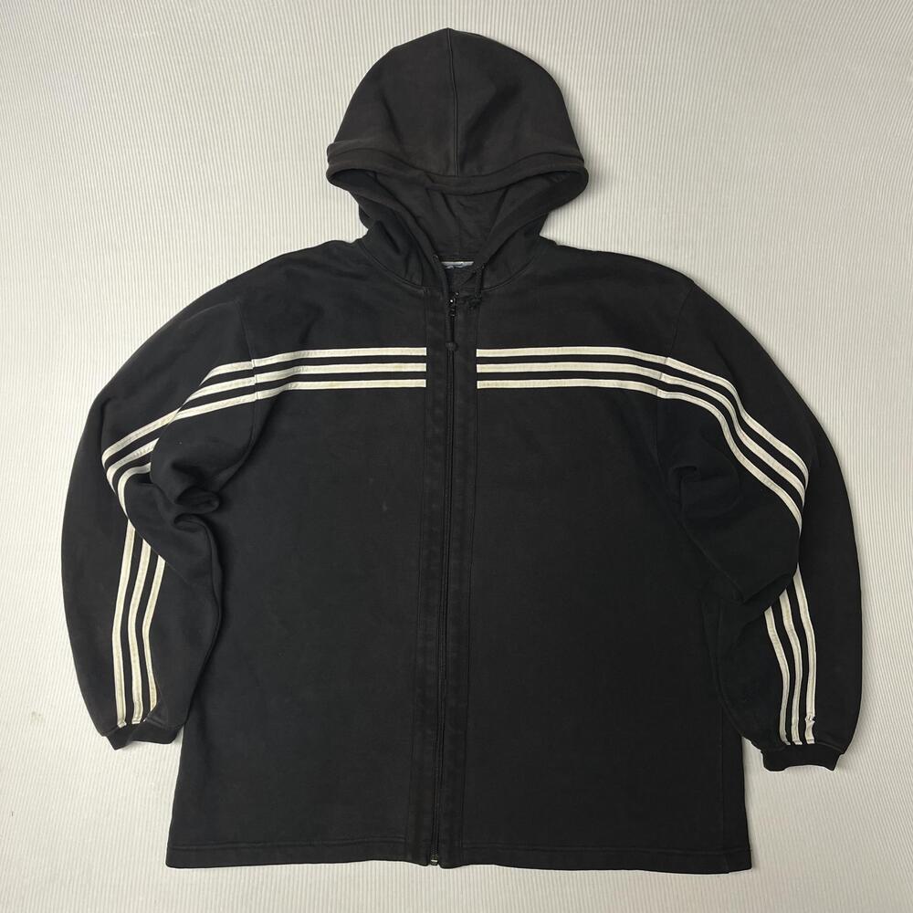 Vintage Adidas Hoodie Mens XL Black Full Zip 3 Stripes Back Trefoil Sweatshirt